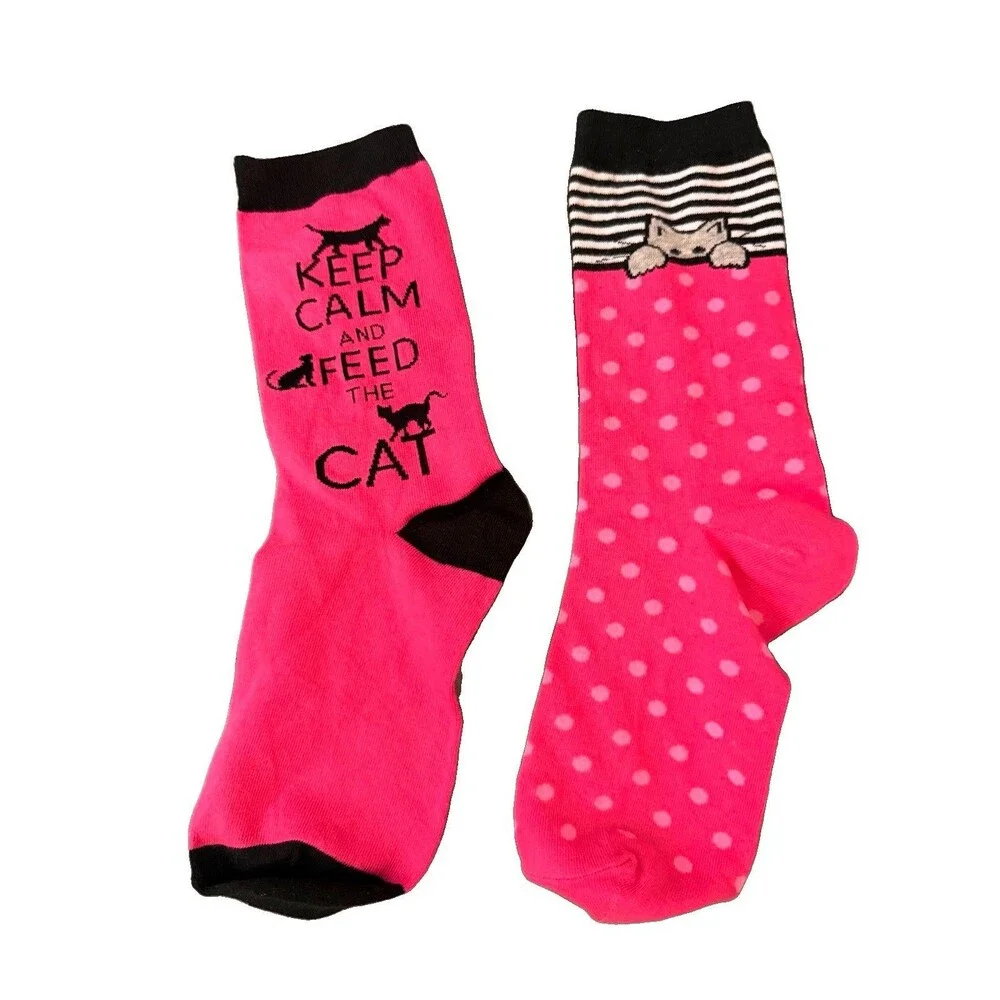 K Bell Womens Cat Crew Socks Lot 2 Pink Novelty Kitty Shoe Size 4-10 New